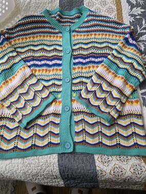 SHEIN Multicolor Striped Openwork Knit Cardigan with Teal Trim